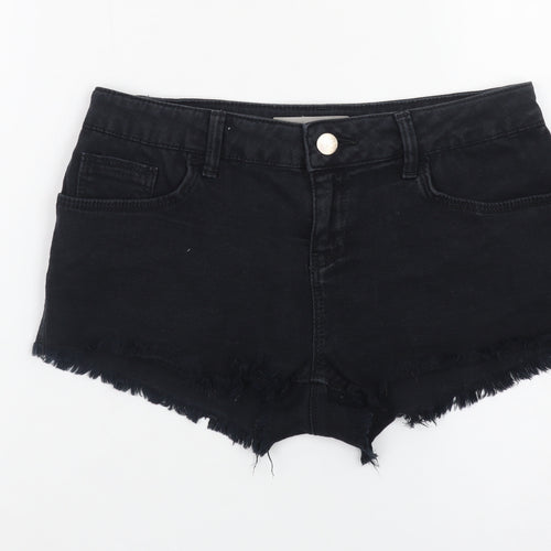 Topshop Women Black Denim Cut-Off Shorts Size 10 Slim Fit