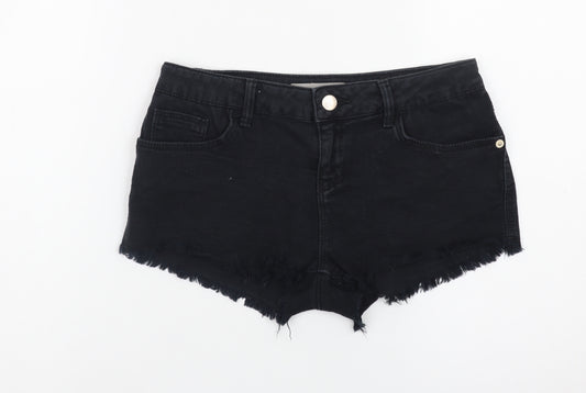 Topshop Women Black Denim Cut-Off Shorts Size 10 Slim Fit
