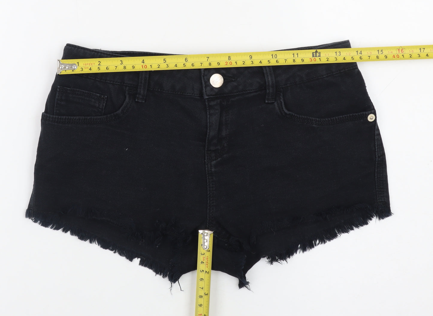 Topshop Women Black Denim Cut-Off Shorts Size 10 Slim Fit
