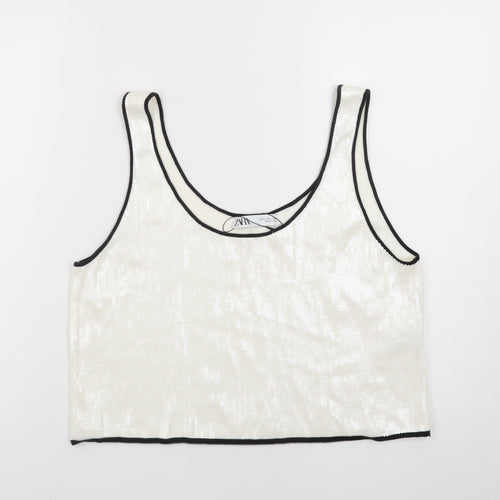 ZARA Women Ivory Sequin Cropped Tank Top Size L Party Wear