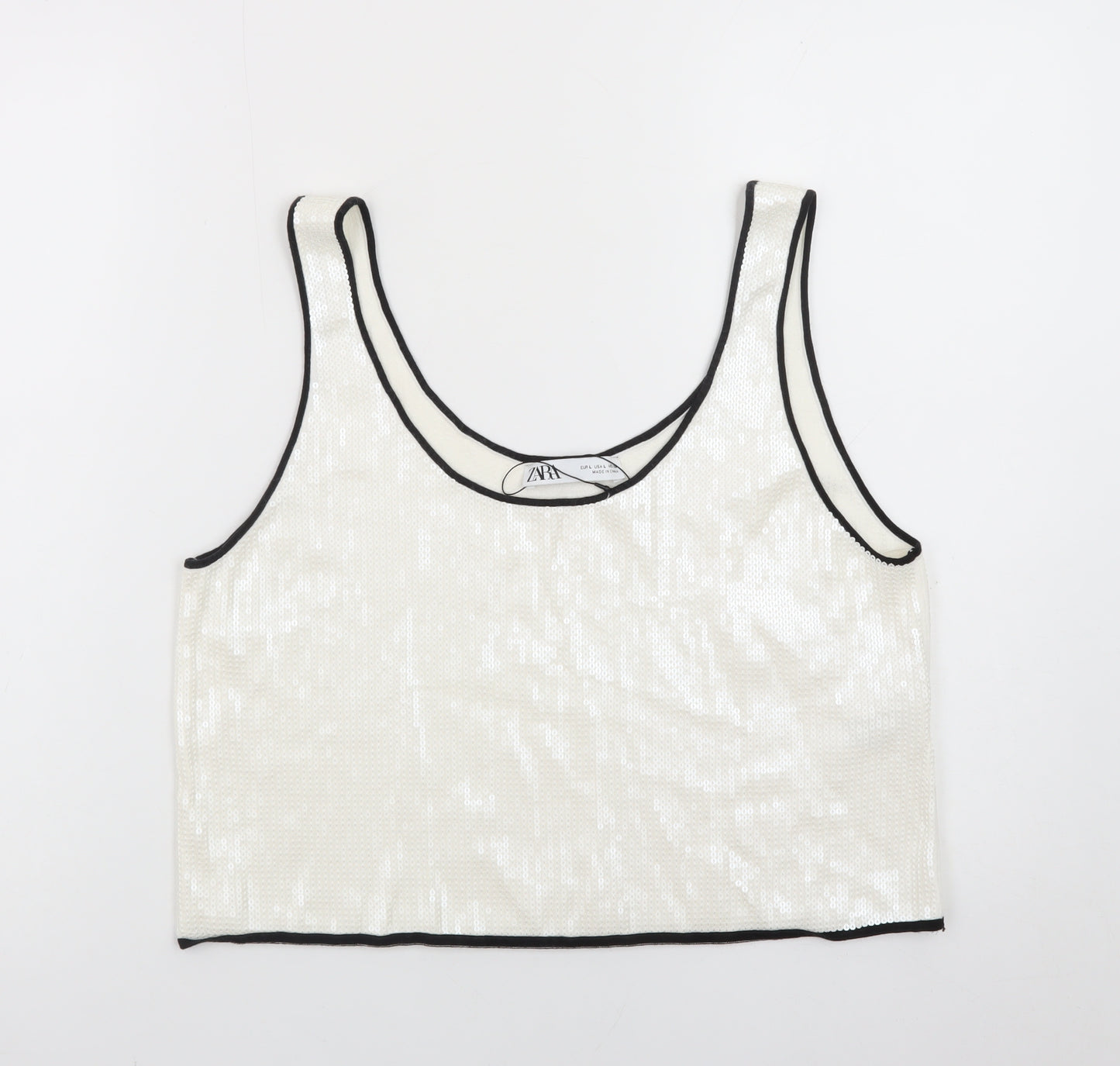 ZARA Women Ivory Sequin Cropped Tank Top Size L Party Wear