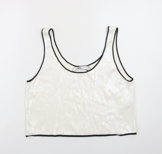 ZARA Women Ivory Sequin Cropped Tank Top Size L Party Wear