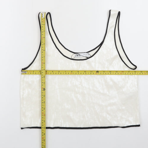 ZARA Women Ivory Sequin Cropped Tank Top Size L Party Wear
