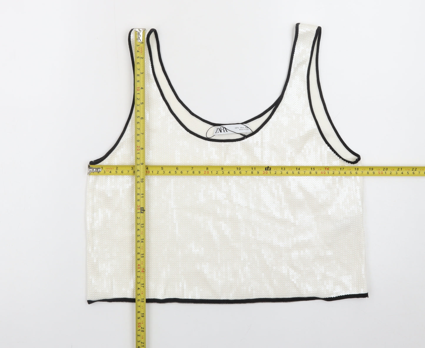 ZARA Women Ivory Sequin Cropped Tank Top Size L Party Wear