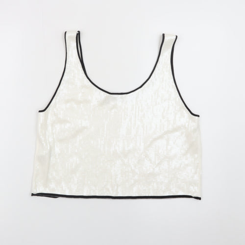 ZARA Women Ivory Sequin Cropped Tank Top Size L Party Wear