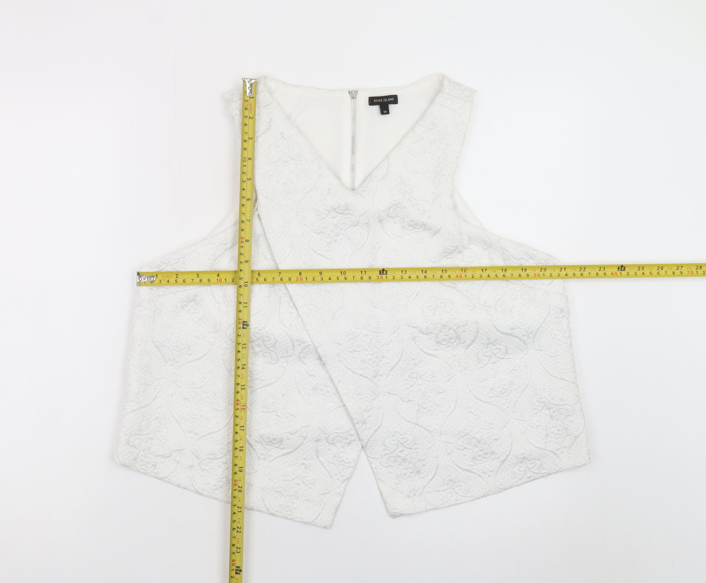 River Island Women's White Cropped Jacquard Sleeveless Blouse Size 18