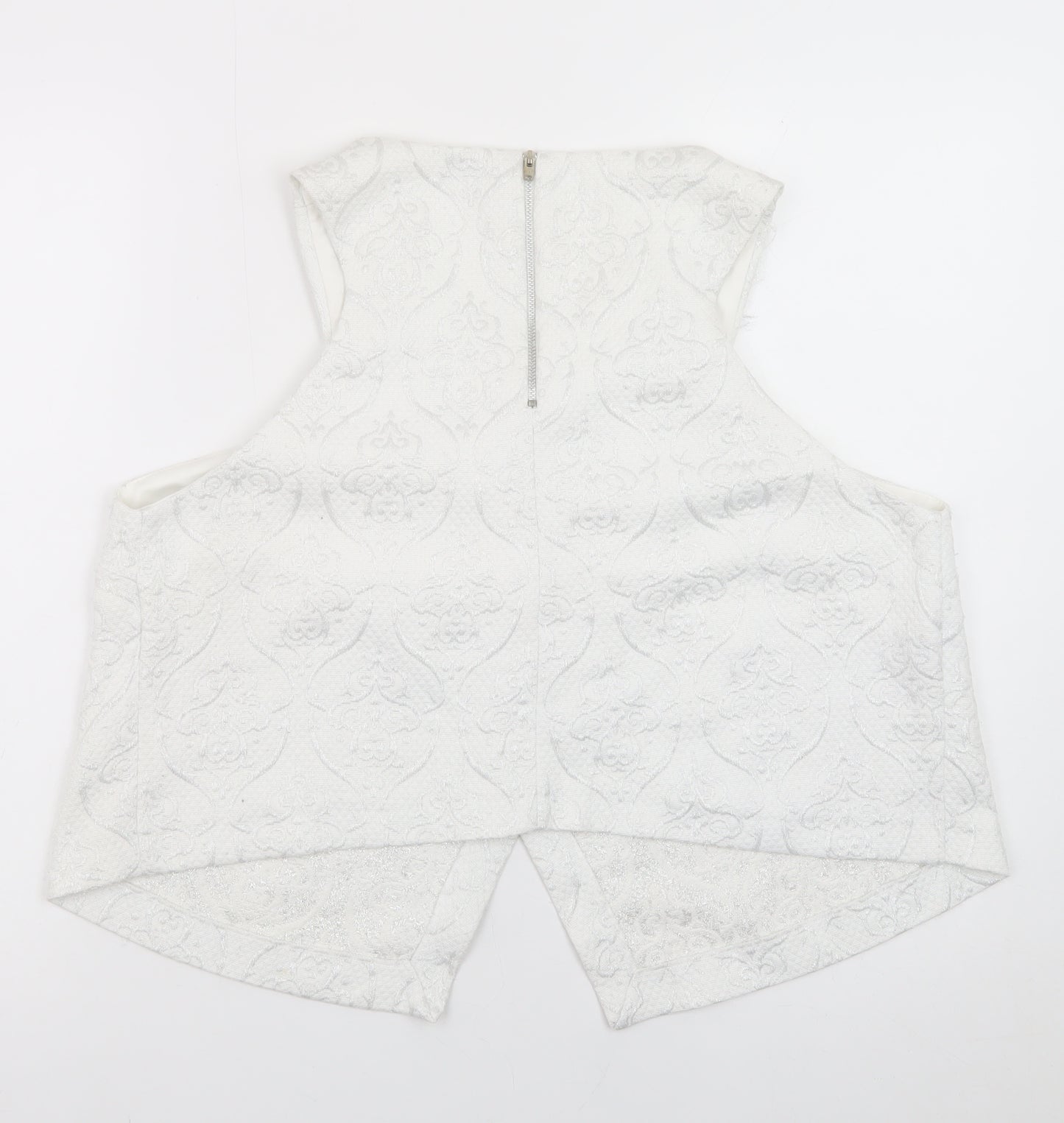 River Island Women's White Cropped Jacquard Sleeveless Blouse Size 18