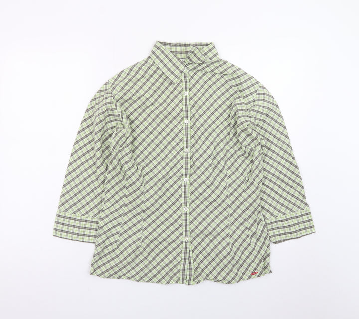 Paco Jeans Women's Green Check 3/4 Sleeve Cotton Button-Up Shirt M