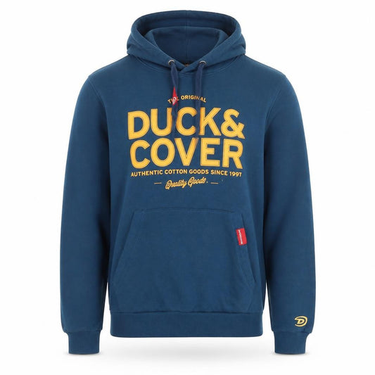 Front view of Duck and Cover Men's Blue XL Pullover Hoodie with Logo Print