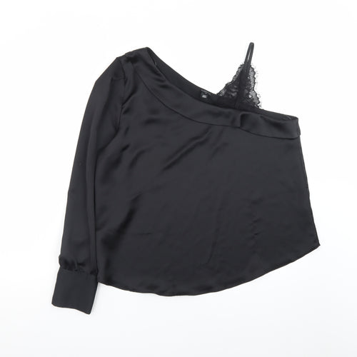 River Island Womens Black One Shoulder Satin Lace Trim Blouse Size 16