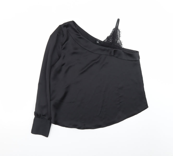 River Island Womens Black One Shoulder Satin Lace Trim Blouse Size 16