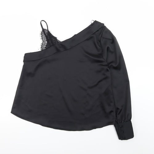 River Island Womens Black One Shoulder Satin Lace Trim Blouse Size 16