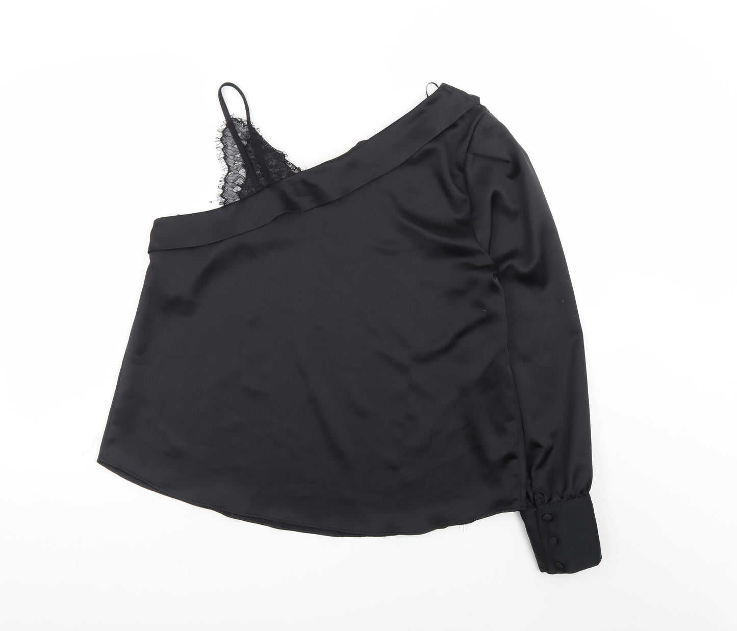 River Island Womens Black One Shoulder Satin Lace Trim Blouse Size 16