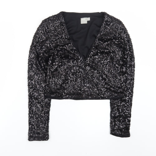 ASOS Womens Black Sequin Cropped Long Sleeve V-Neck Blouse Size 8