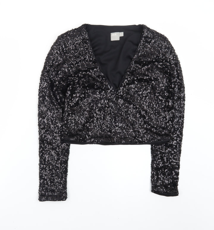 ASOS Womens Black Sequin Cropped Long Sleeve V-Neck Blouse Size 8