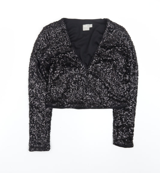 ASOS Womens Black Sequin Cropped Long Sleeve V-Neck Blouse Size 8