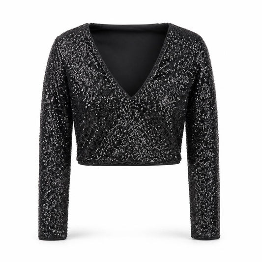 Front view of ASOS women’s black sequin cropped long sleeve v-neck blouse, size UK 8