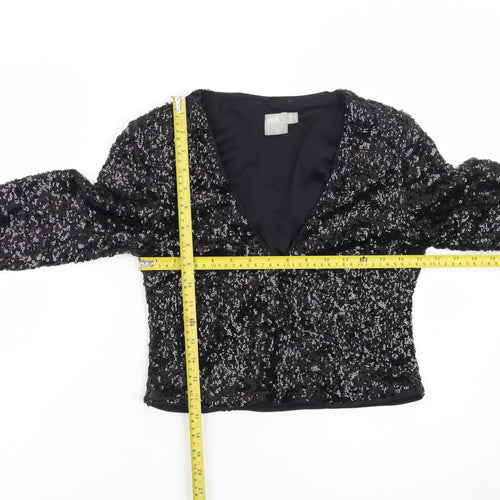 ASOS Womens Black Sequin Cropped Long Sleeve V-Neck Blouse Size 8