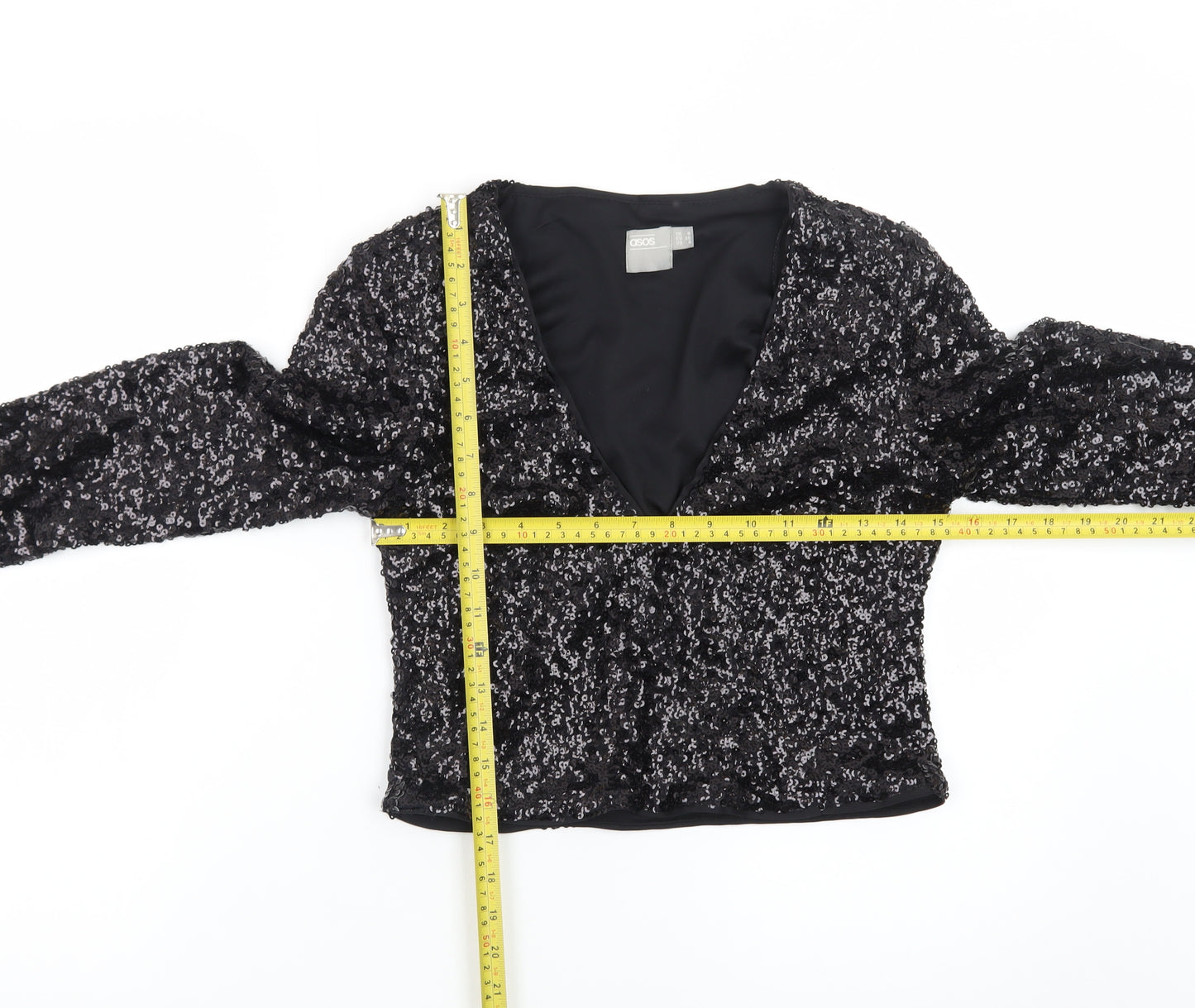 ASOS Womens Black Sequin Cropped Long Sleeve V-Neck Blouse Size 8