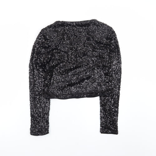 ASOS Womens Black Sequin Cropped Long Sleeve V-Neck Blouse Size 8