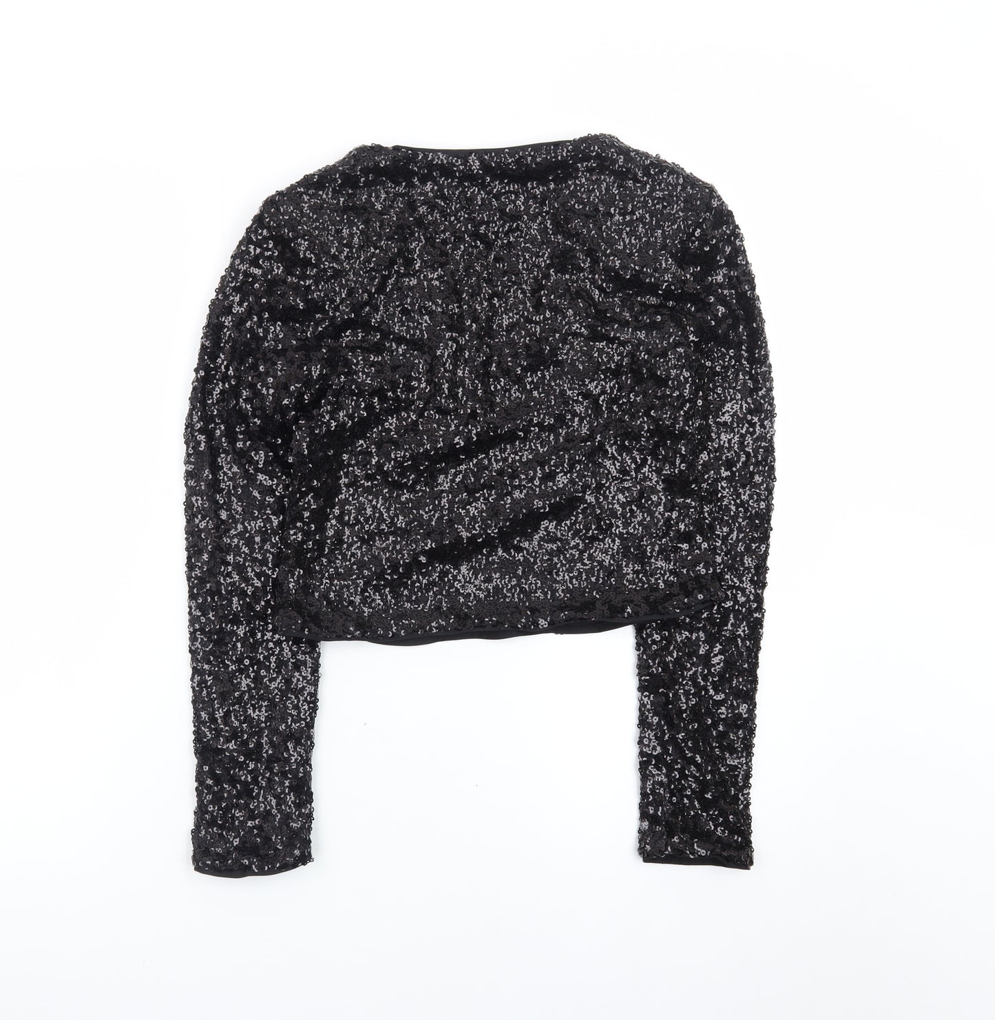 ASOS Womens Black Sequin Cropped Long Sleeve V-Neck Blouse Size 8