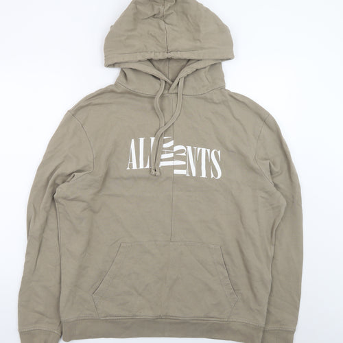 AllSaints Men's Beige Hoodie Medium Pullover Logo Cotton Sweatshirt