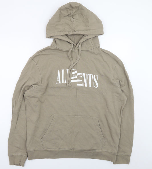 AllSaints Men's Beige Hoodie Medium Pullover Logo Cotton Sweatshirt