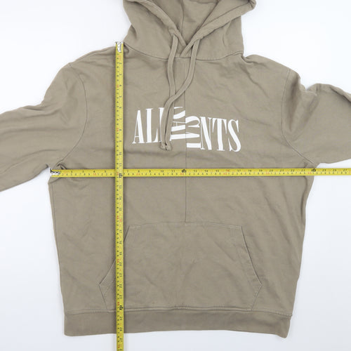 AllSaints Men's Beige Hoodie Medium Pullover Logo Cotton Sweatshirt