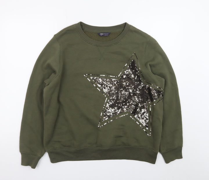 Marks and Spencer Women Khaki Sequin Star Pullover Sweatshirt Size 16