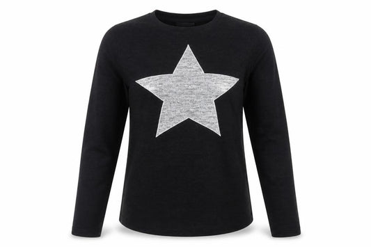 Front view of Nocozo women’s black long sleeve star print t-shirt, size UK 12