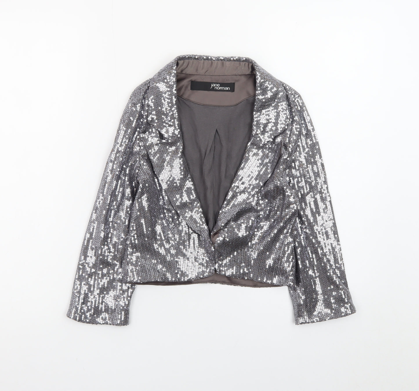 Jane Norman Women Silver Sequin Cropped Blazer Size 8 Party Jacket