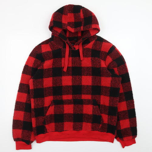 Brave Soul Men’s Red Check Hooded Fleece Pullover Hoodie L
