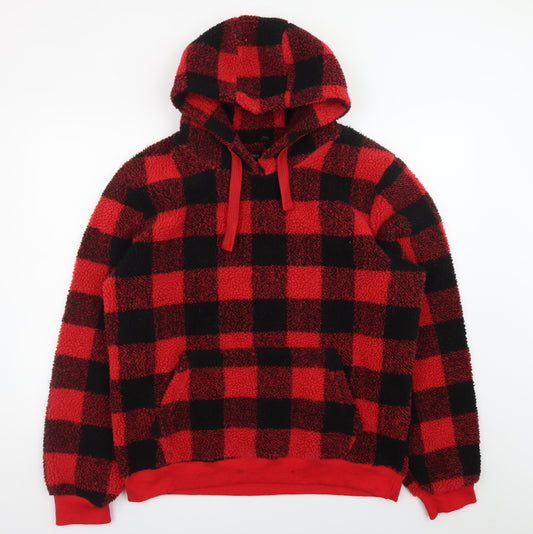 Brave Soul Men’s Red Check Hooded Fleece Pullover Hoodie L