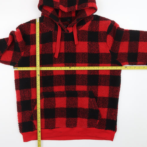 Brave Soul Men’s Red Check Hooded Fleece Pullover Hoodie L