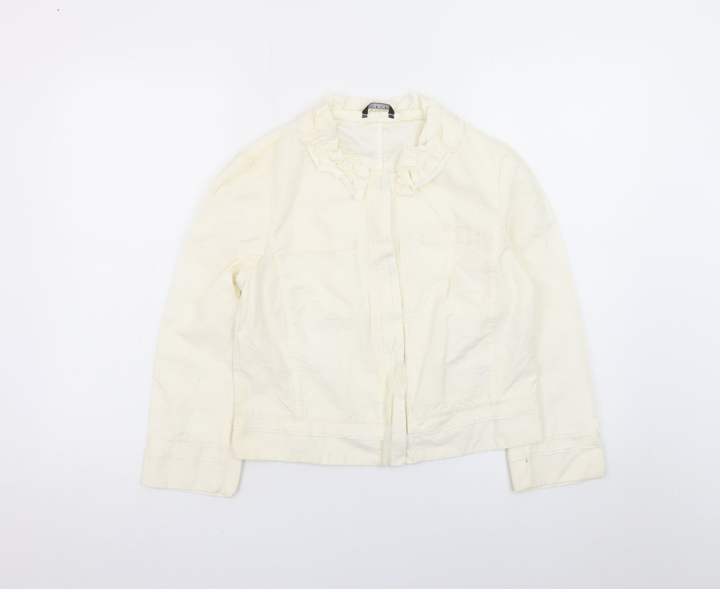 Sisley Women Ivory Ruffle Collared Long Sleeve Cotton Linen Blouse Size 14
