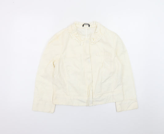 Sisley Women Ivory Ruffle Collared Long Sleeve Cotton Linen Blouse Size 14