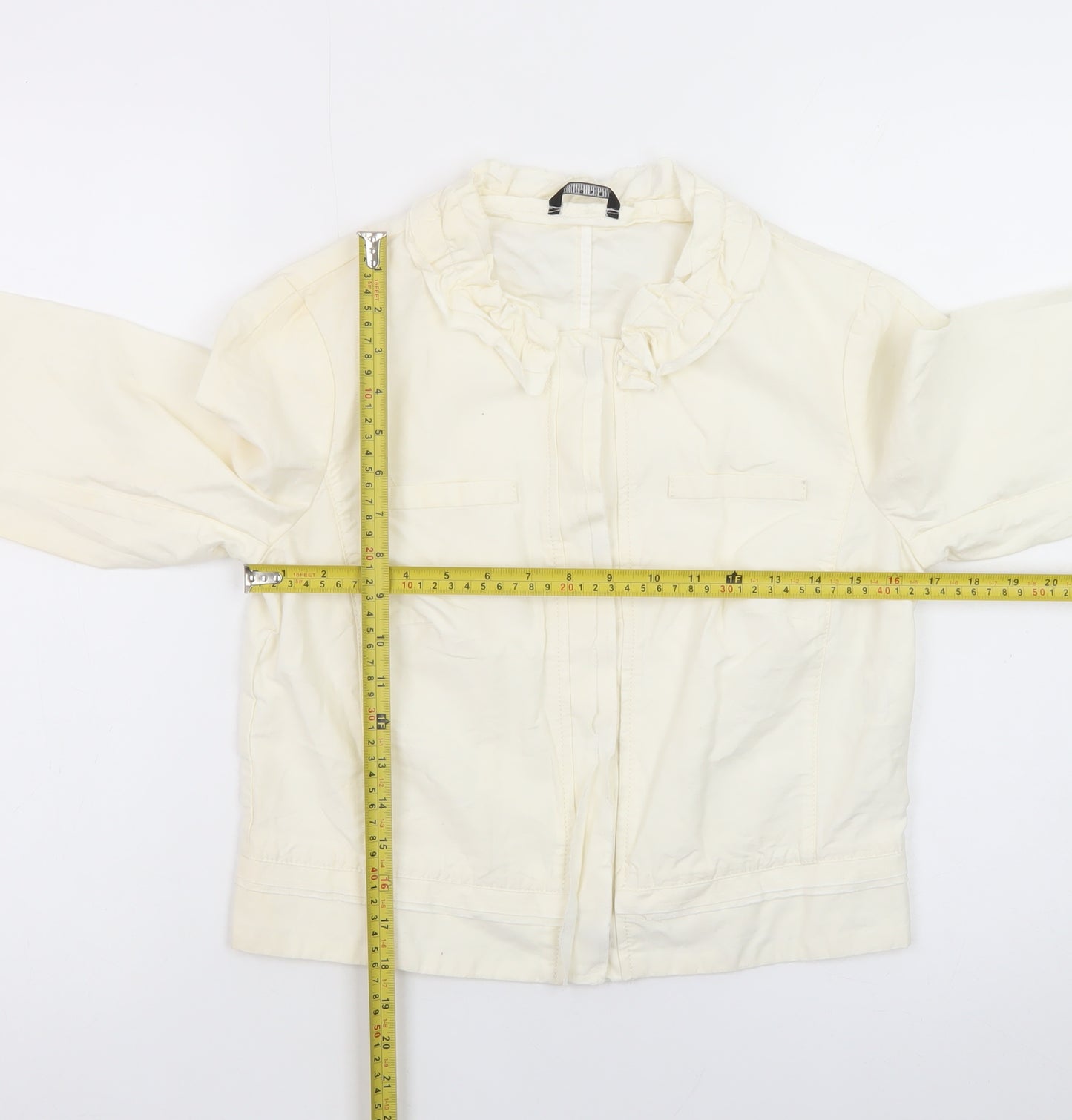 Sisley Women Ivory Ruffle Collared Long Sleeve Cotton Linen Blouse Size 14