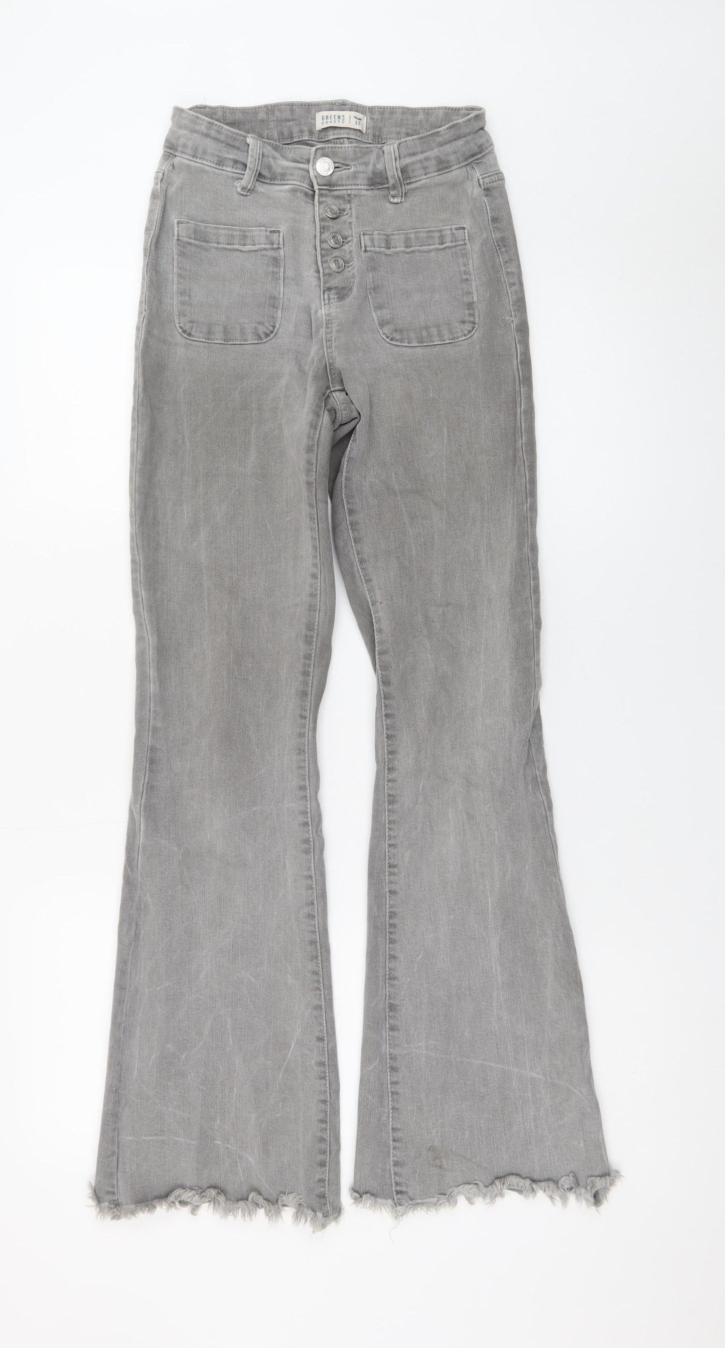 Green Coast Women’s Grey Flared High Rise Button Denim Jeans Size 32