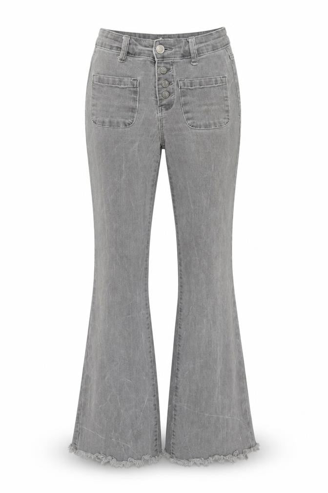 Front view of Green Coast Women’s Grey Flared High Rise Button Denim Jeans, size UK 32