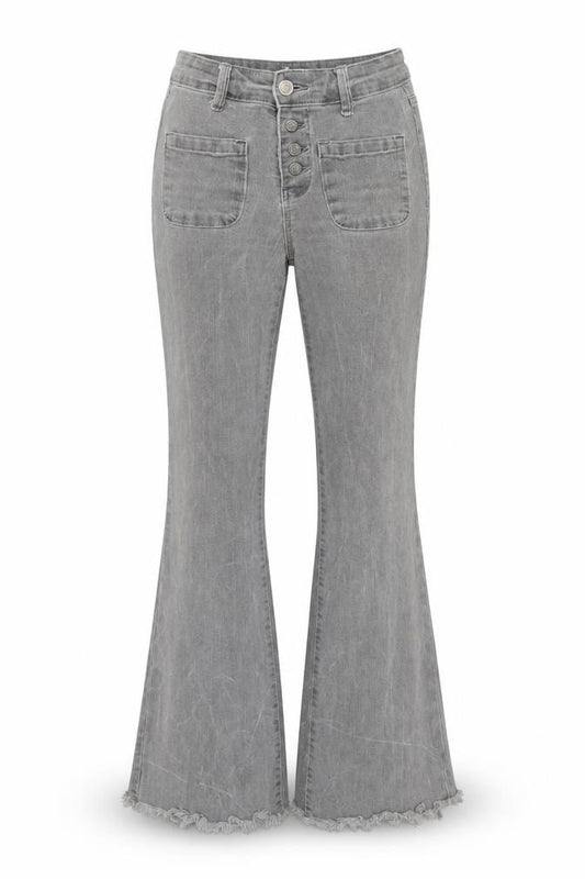 Front view of Green Coast Women’s Grey Flared High Rise Button Denim Jeans, size UK 32