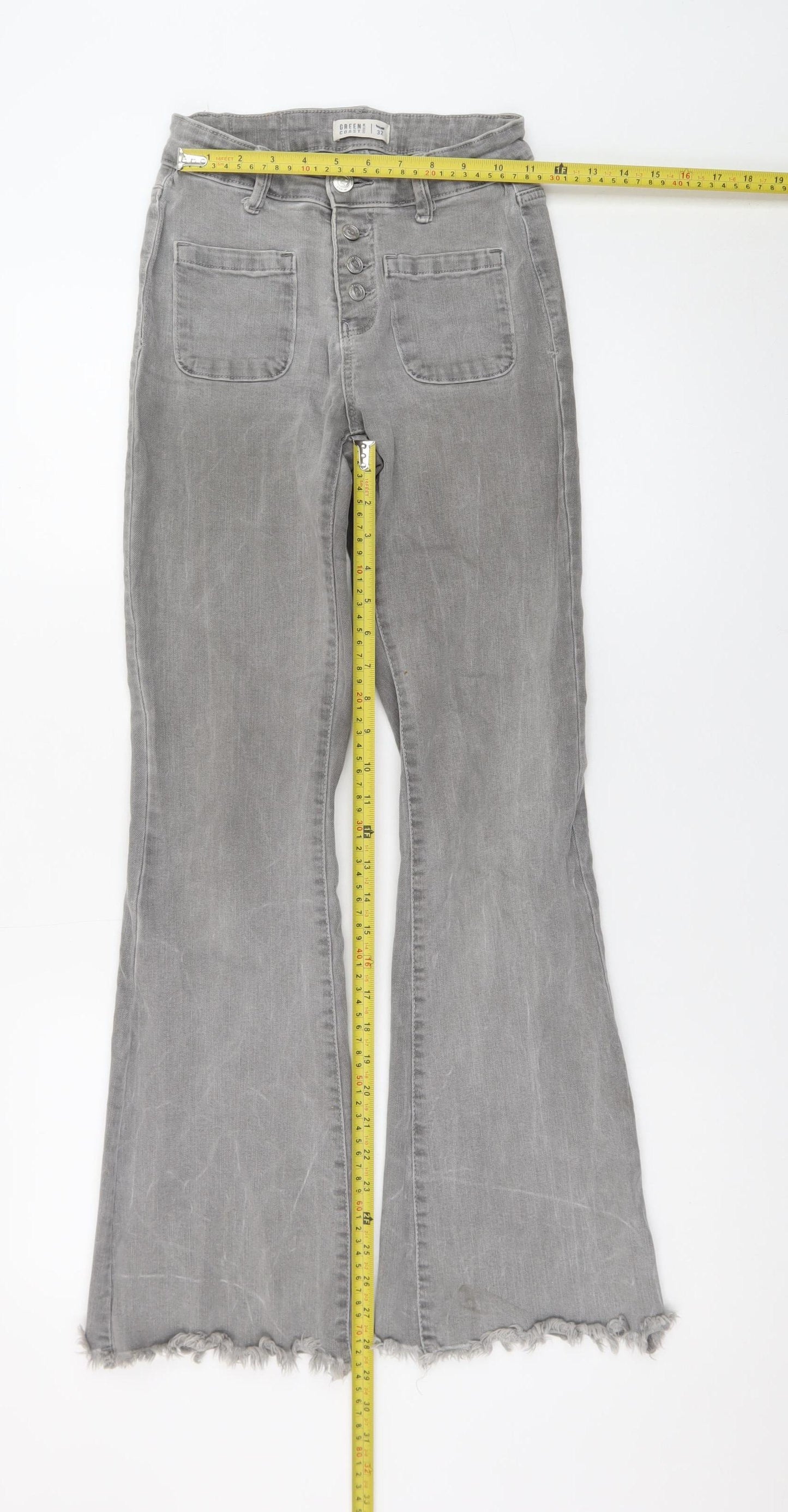Green Coast Women’s Grey Flared High Rise Button Denim Jeans Size 32