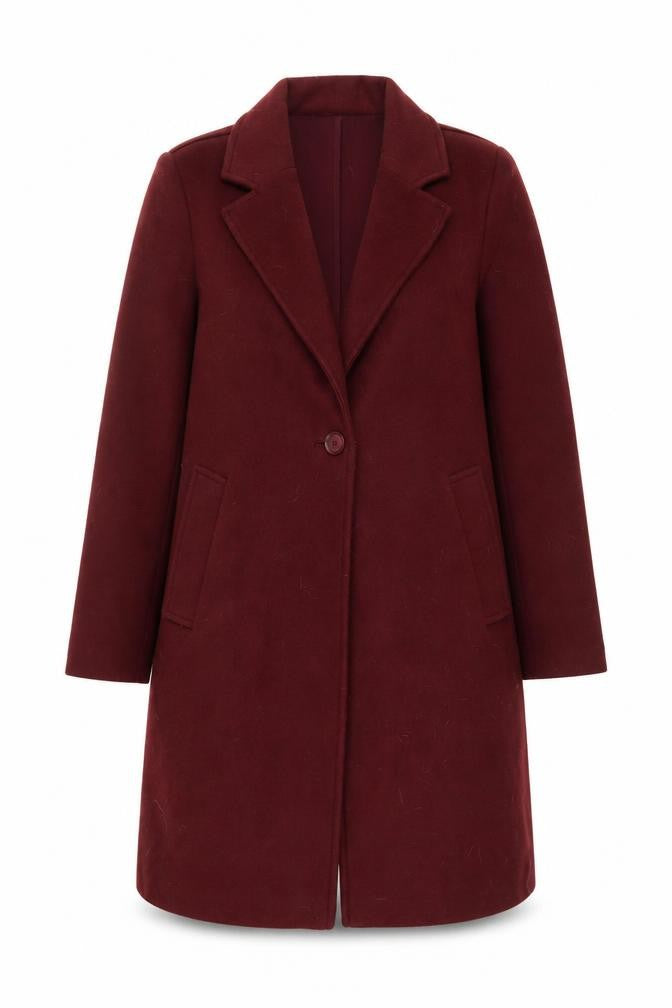 Front view of Stradivarius Women's Red Long Overcoat, size 10, Polyester