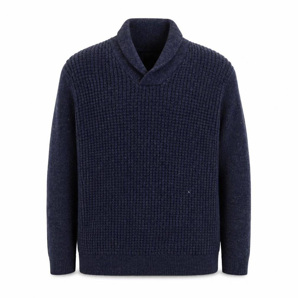 Front view of Dunnes men’s blue xl collared chunky knit jumper