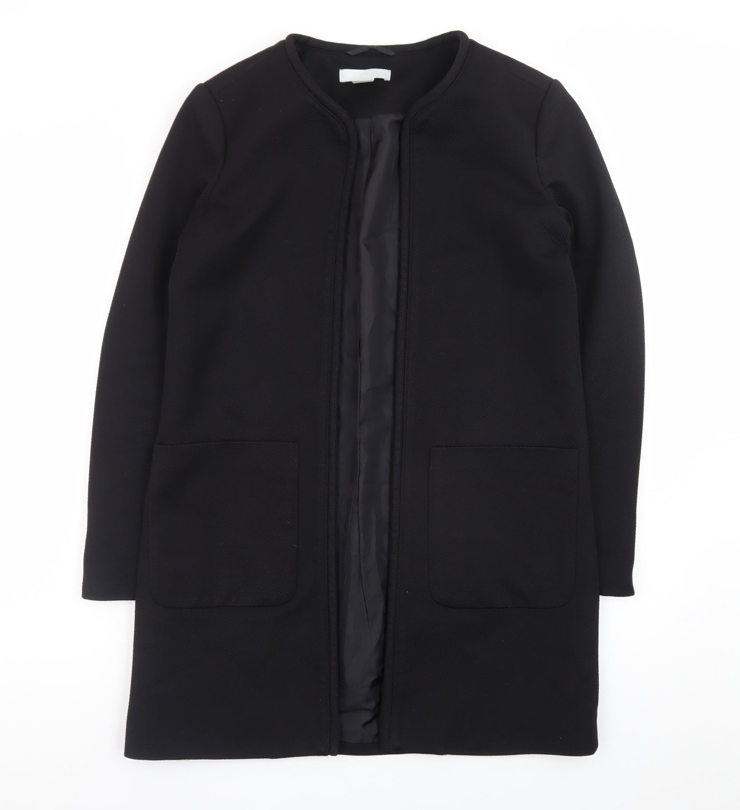 H&M Womens Black Size 8 Long Collarless Open Front Coat