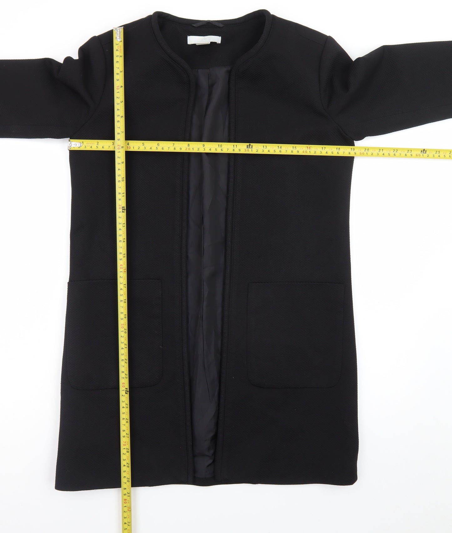 H&M Womens Black Size 8 Long Collarless Open Front Coat