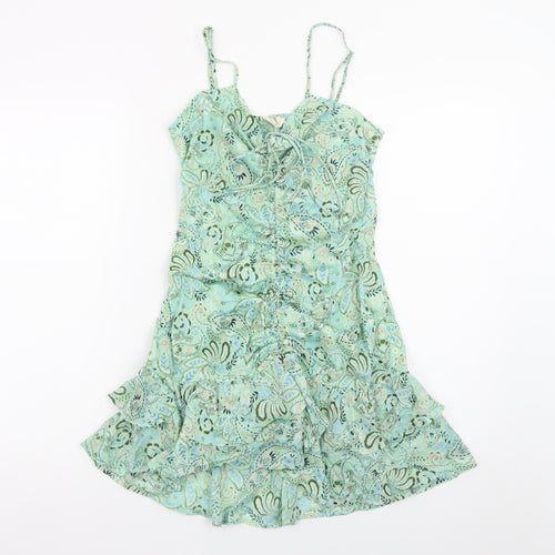 Stradivarius Women Green Paisley Slip Dress Small Ruched Cut Out Summer
