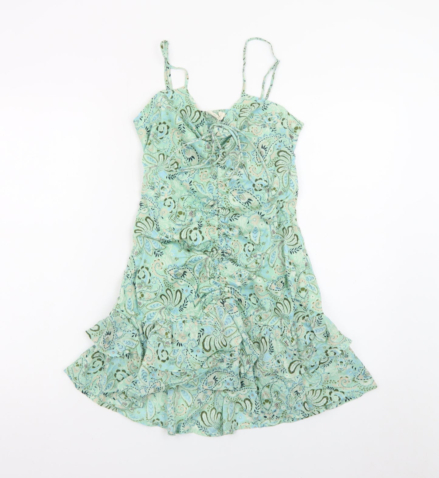 Stradivarius Women Green Paisley Slip Dress Small Ruched Cut Out Summer