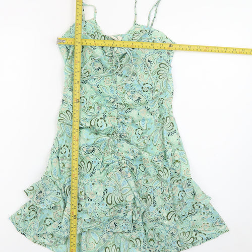 Stradivarius Women Green Paisley Slip Dress Small Ruched Cut Out Summer