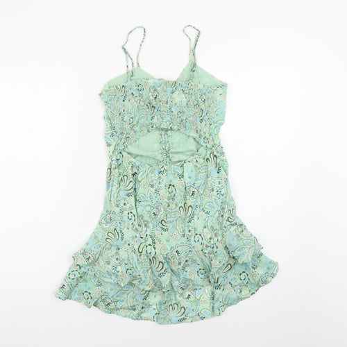 Stradivarius Women Green Paisley Slip Dress Small Ruched Cut Out Summer