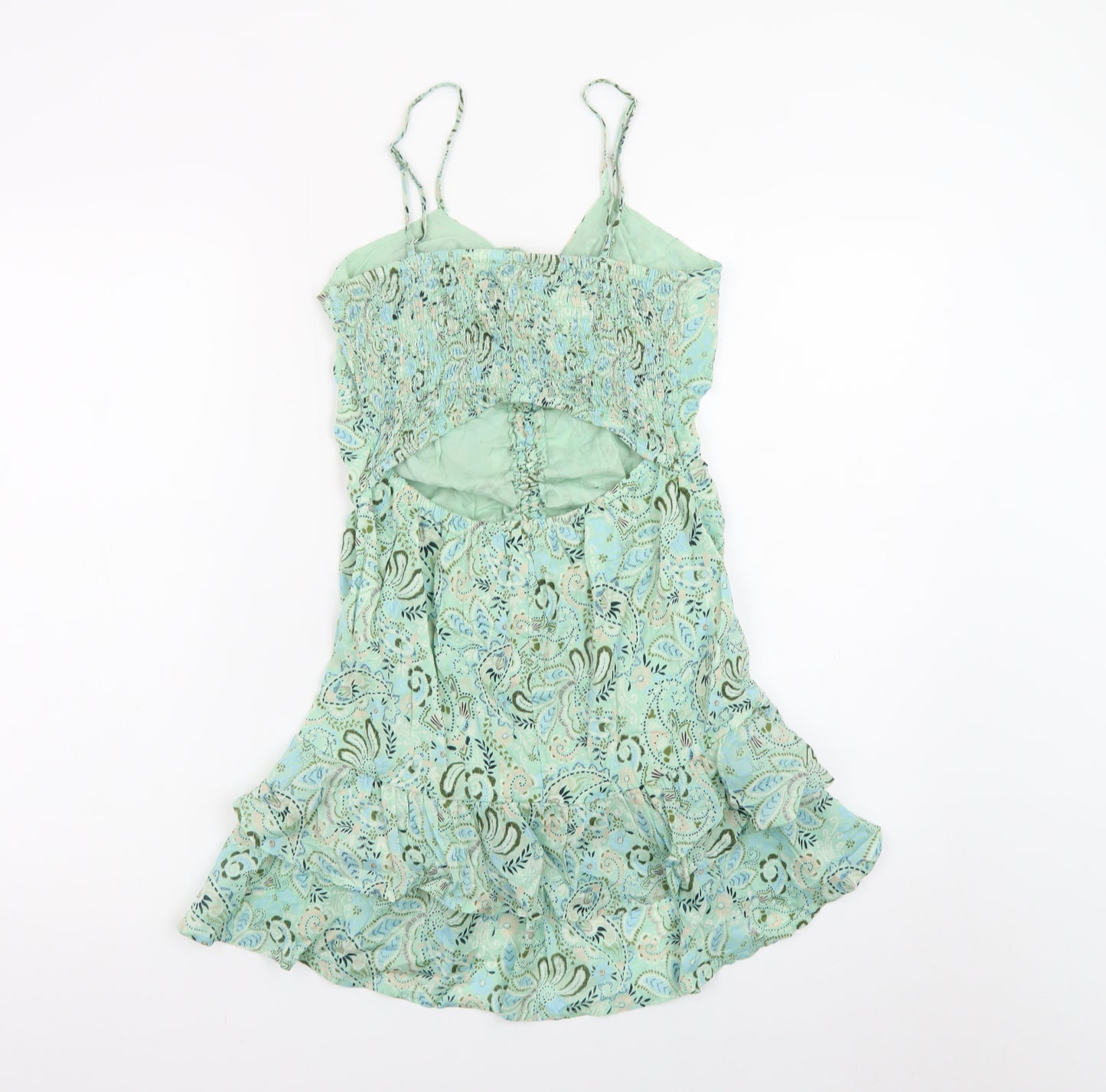 Stradivarius Women Green Paisley Slip Dress Small Ruched Cut Out Summer